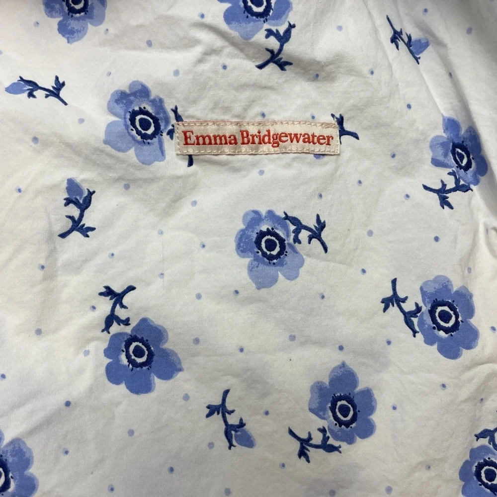 Emma Bridgewater Flat Sheet Twin Size Blue White‎ Floral Anemone Polka Dots